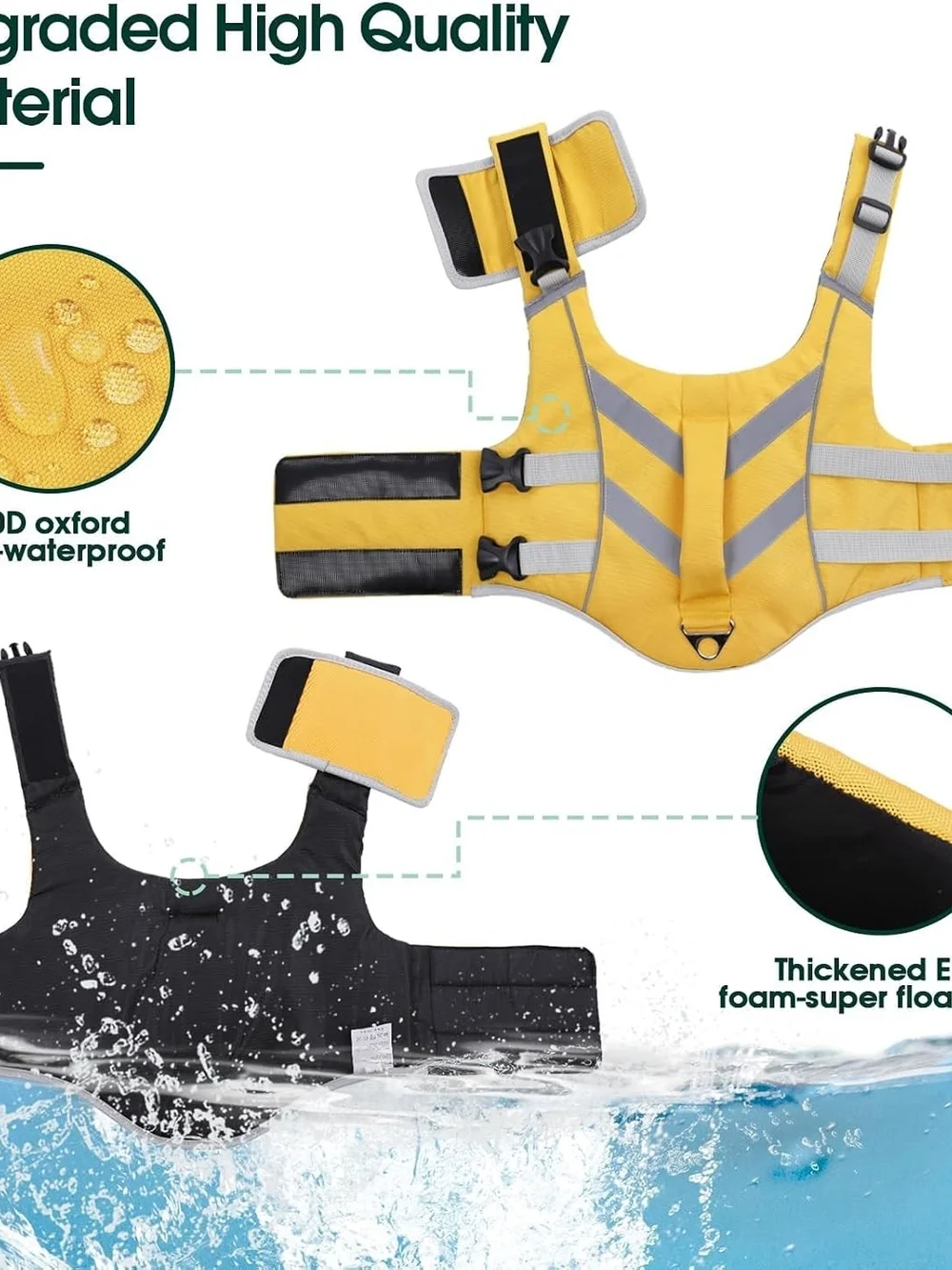 Kuoser Dog Life Jacket, High Flotation Reflective Dog Life Vest, Yellow, M